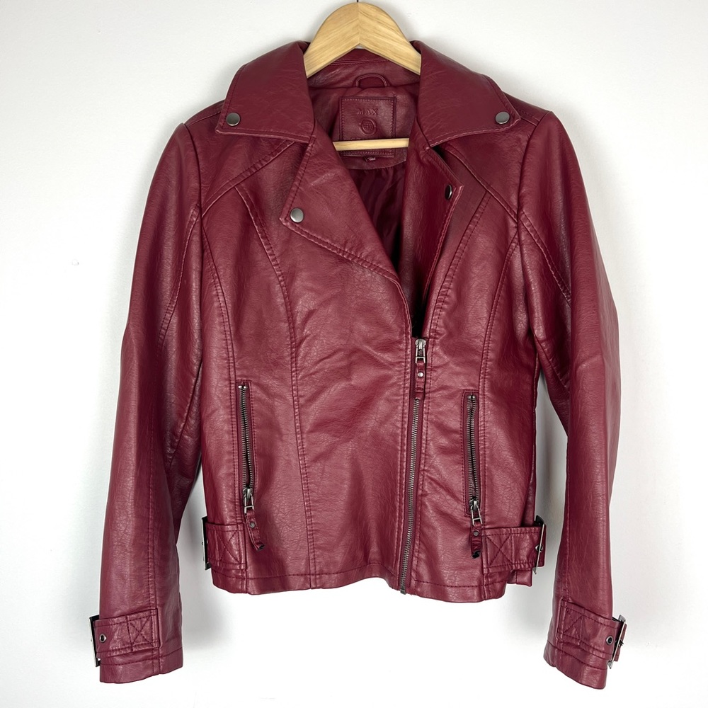 Max Studio Burgundy Wine Red Faux Leather Moto Jacket